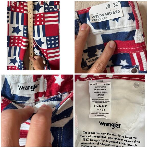 NWT Wrangler Hig Rise Boot Retro American Flag Patchwork Flare Pants 29/32 - Picture 10 of 16